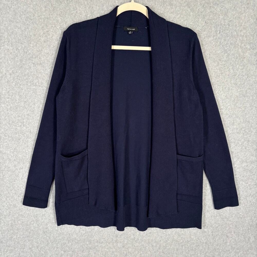 Verve Ami Cardigan Sweater Womens Small‎ Navy Open Pockets Comfy Grandpa Lounge